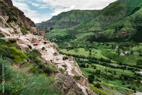 Vardzia is a cave monastery site excavated from Erusheti Mountain on the left bank of the Mtkvari River  near Aspindza