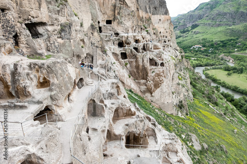 Vardzia is a cave monastery site excavated from Erusheti Mountain on the left bank of the Mtkvari River  near Aspindza