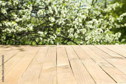 Wooden table in beautiful garden on spring day