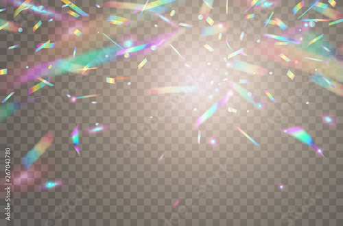 Holographic falling confetti isolated on transparent background. Rainbow iridescent overlay texture. Vector festive foil hologram tinsel with bokeh light effect and glare glitter.