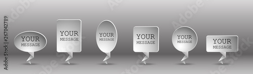 speech bubble of different shapes, circle, oval, square, rectangle, polyhedron and several abstract shapes. Bubble Spitch is filled with a gray gradient.