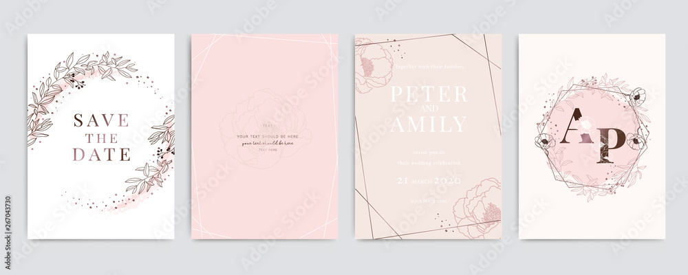 Golden Pink Wedding Invitation, floral invite thank you, rsvp modern card Design in white Peony  with red berry and leaf greenery  branches decorative Vector elegant rustic template