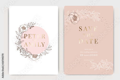 Golden Pink Wedding Invitation, floral invite thank you, rsvp modern card Design in white Peony  with red berry and leaf greenery  branches decorative Vector elegant rustic template