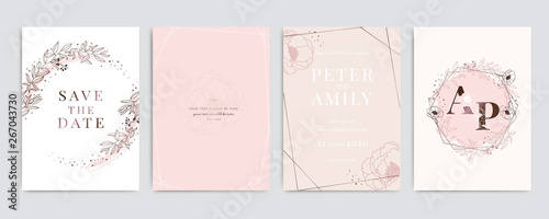 Golden Pink Wedding Invitation, floral invite thank you, rsvp modern card Design in white Peony  with red berry and leaf greenery  branches decorative Vector elegant rustic template
