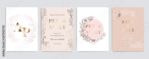 Golden Pink Wedding Invitation, floral invite thank you, rsvp modern card Design in white Peony  with red berry and leaf greenery  branches decorative Vector elegant rustic template