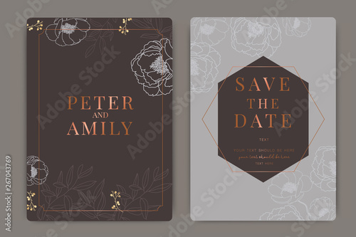 Copper Metallic Wedding Invitation, floral invite thank you, rsvp modern card Design in white rose with red berry and leaf greenery  branches decorative Vector elegant rustic template