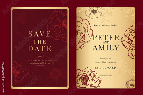 Chinese Red and Gold Wedding Invitation, floral invite thank you, rsvp modern card Design in white rose with red berry and leaf greenery  branches decorative Vector elegant rustic template