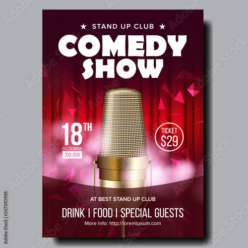 Retro Banner Of Evening Comedy Live Show Vector. Studio Vintage Golden Microphone, Red Curtain And Decoration Design Confetti On Beautiful Banner. Humor Leisure Time In Club Realistic 3d Illustration