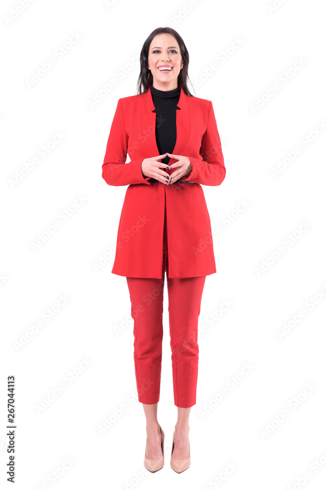 Playful business woman in formal posture laughing at camera. Full body isolated on white background. Playful business woman in formal posture laughing at camera. Full body isolated on white background.