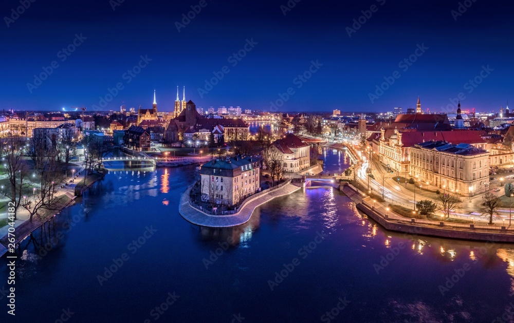 Wroclaw aerial night view.