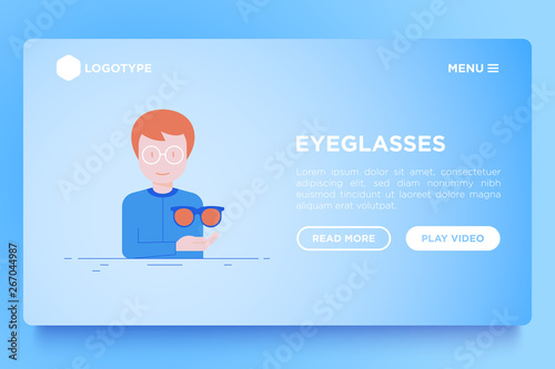 Optics shop concept: Man is trying on different eyeglasses. Gradient flat icons. Modern vector illustration, web page template.