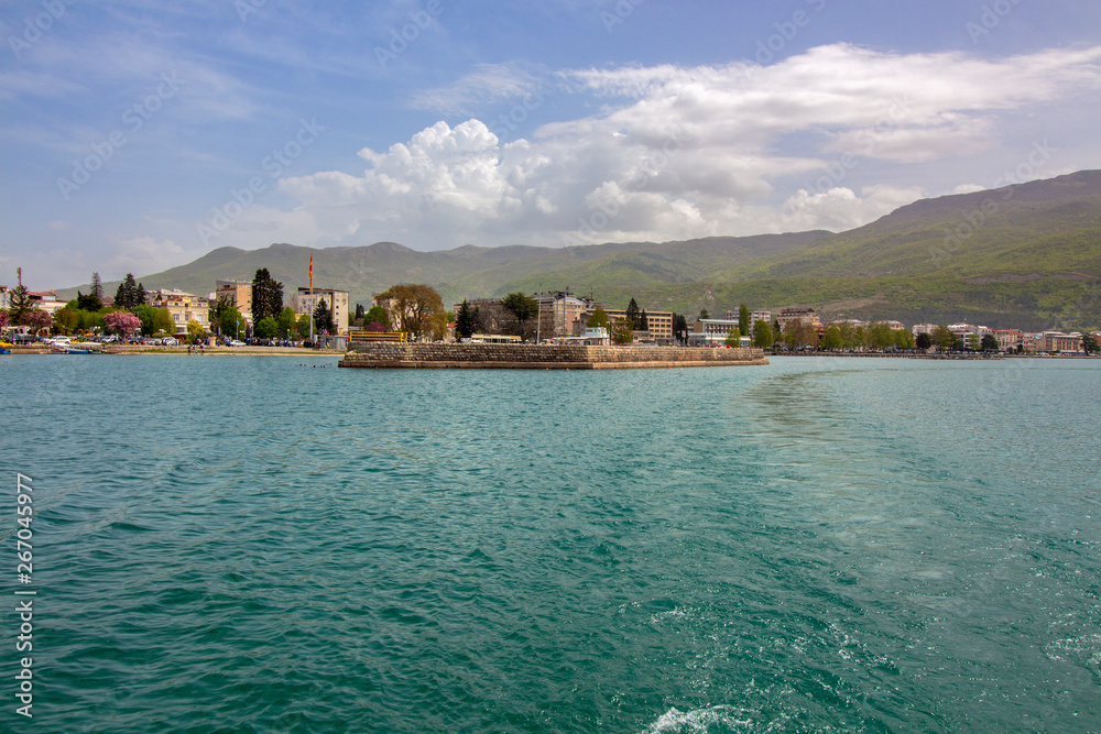 Landscape of Ohrid Lake overlooking the Old Town. Against a scenic sky. Northern Macedonia.