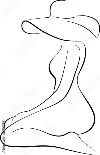 Illustration of a Curvy Woman with Hat sitting in a sexy pose. Concept of luxury, spa or meditation lifestyle.