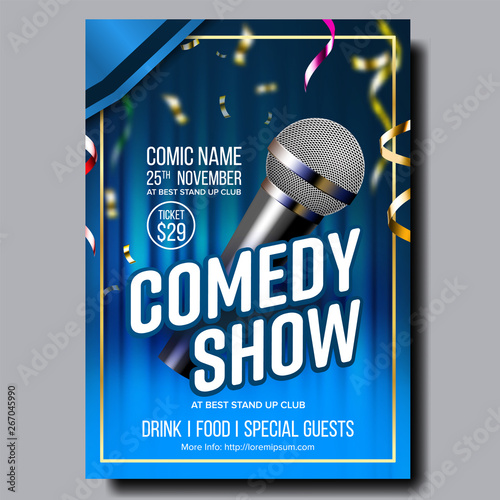 Modern Stylish Poster Flyer Of Comedy Show Vector. Microphone, Bright Confetti, Blue Curtain And Info Text Of Date, Ticket Price And Place On Funny Comedy Performance Banner. Realistic 3d Illustration