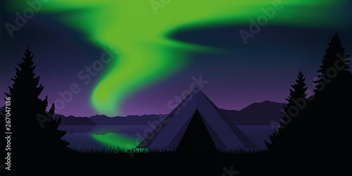 tent by the lake with beautiful green polar lights wildlife nature landscape vector illustration EPS10