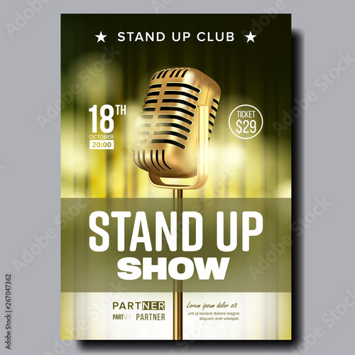 Stand Up Show In Club Poster Announcement Vector. Vintage Golden Microphone, Yellow Color Curtain Banner With Date, Ticket Price, Partner Information And Place Of Humor Show. Realistic 3d Illustration
