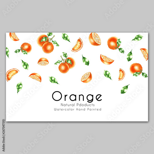 Hand painted watercolor orange card. Design for natural food  sweets  pastries  dessert menu  beauty and health care products. Can be used for invitation  banners  cover design  packaging templates