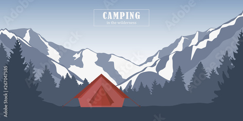 camping adventure in the wilderness red tent in the forest at snowy mountain landscape vector illustration EPS10