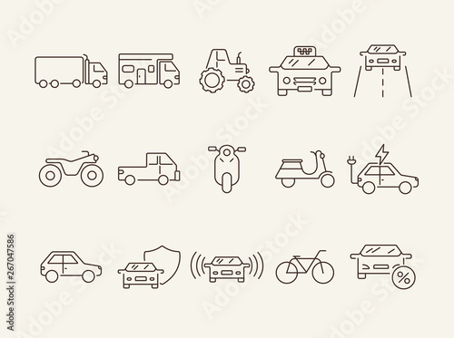 Car driving line icon set. Camper, bike