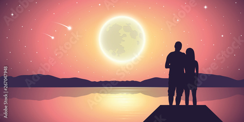 couple in love at the lake with full moon and falling stars purple landscape vector illustration EPS10