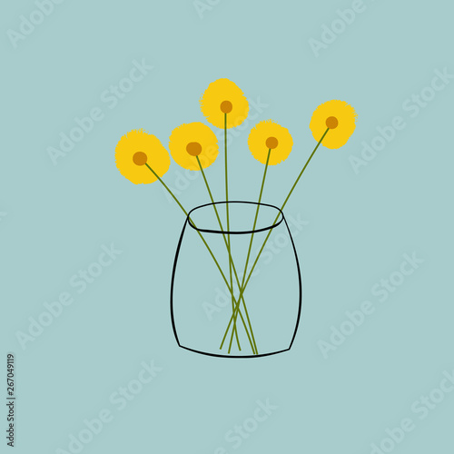 Hand drawn doodle vector illustration of bouquet of fluffy yellow daisies in transparent vase on blueish gray background. Sketchy contemporary drawing style. Interior decoration greeting card