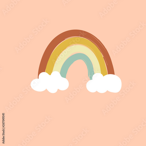 Hand drawn doodle vector illustration of symbolic rainbow of warm autumn color palette and white clouds on pink background. Kids room interior decoration design element for patterns. Card poster