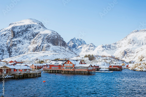 Fishing village with a pier for ships on the Lofoten Islands in Norway