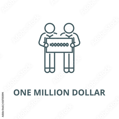 People holding large check of one million dollar vector line icon, outline concept, linear sign