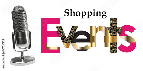 microphone and announcement of shopping events on white background
