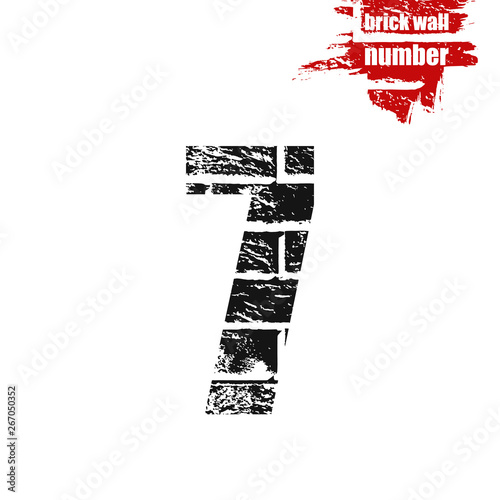 Number 7 graffiti grunge style brick wall texture. Masonry black numeral seven on white background. Block architecture construction font. Vector industrial illustration with red stamp and type