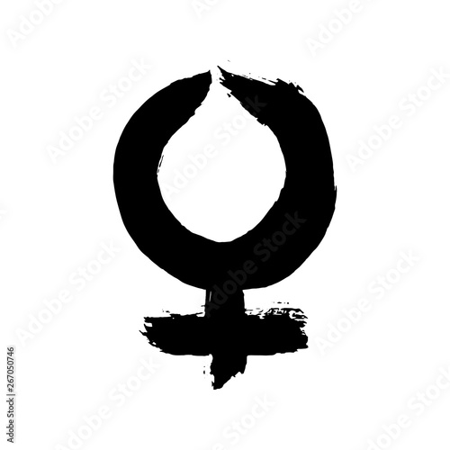Hand drawn ink brush female sex sign. Women black symbol on white background. Woman sexual graphic concept element - circle with cross. Vector grunge illustration