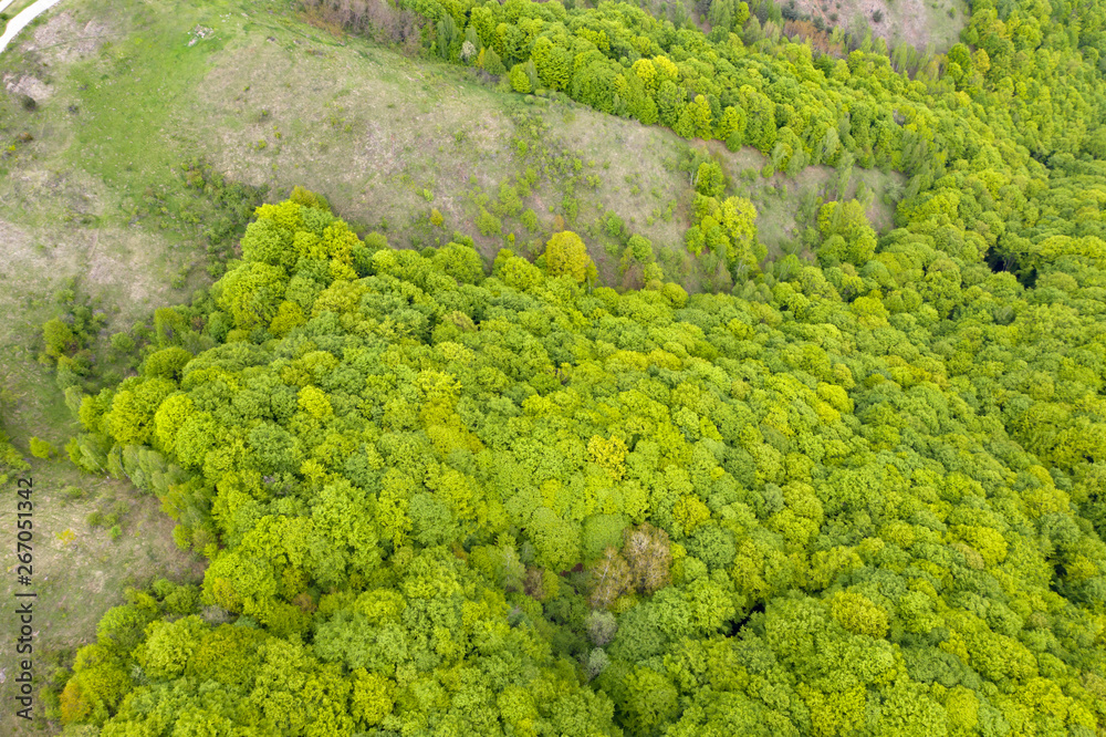 Transylvania countryside hills, stunning aerial view in spring.