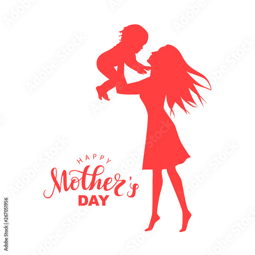 Women silhouette with little child and lettering Happy Mother's Day, red corall holiday background. Happy Mother's day greeting card. Vector illustration mother and baby.