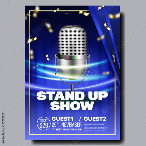 Bright Banner Of Stand Up Show In Club Vector. Silver Vintage Microphone, Speed Movement Lights And Golden Confetti On Blue Curtain Background Styling Banner. Amusing Concert Realistic 3d Illustration
