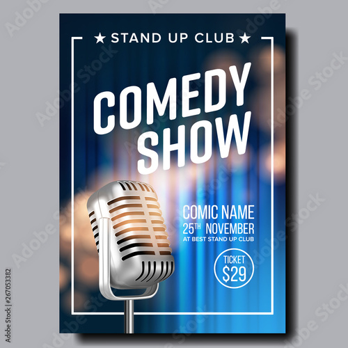 Banner Invitation To Comedy Show In Club Vector. Old Radio Microphone, Blue Curtain On Background Poster With Date, Ticket Price And Place Of Humor Show. Comical Concert Realistic 3d Illustration