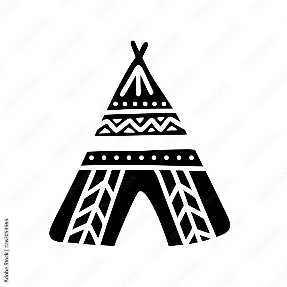 Wigwam vector hand drawn print for kids. Black silhouette illustration ...