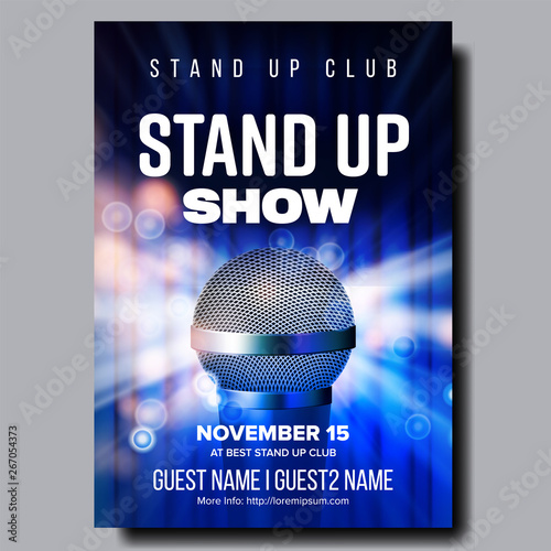 Colorful Poster Of Best Stand Up Night Show Vector. Modern Microphone, Blue Curtain And Light Bubbles Due Spotlight On Style Poster Template With Text. Comical Concert Realistic 3d Illustration