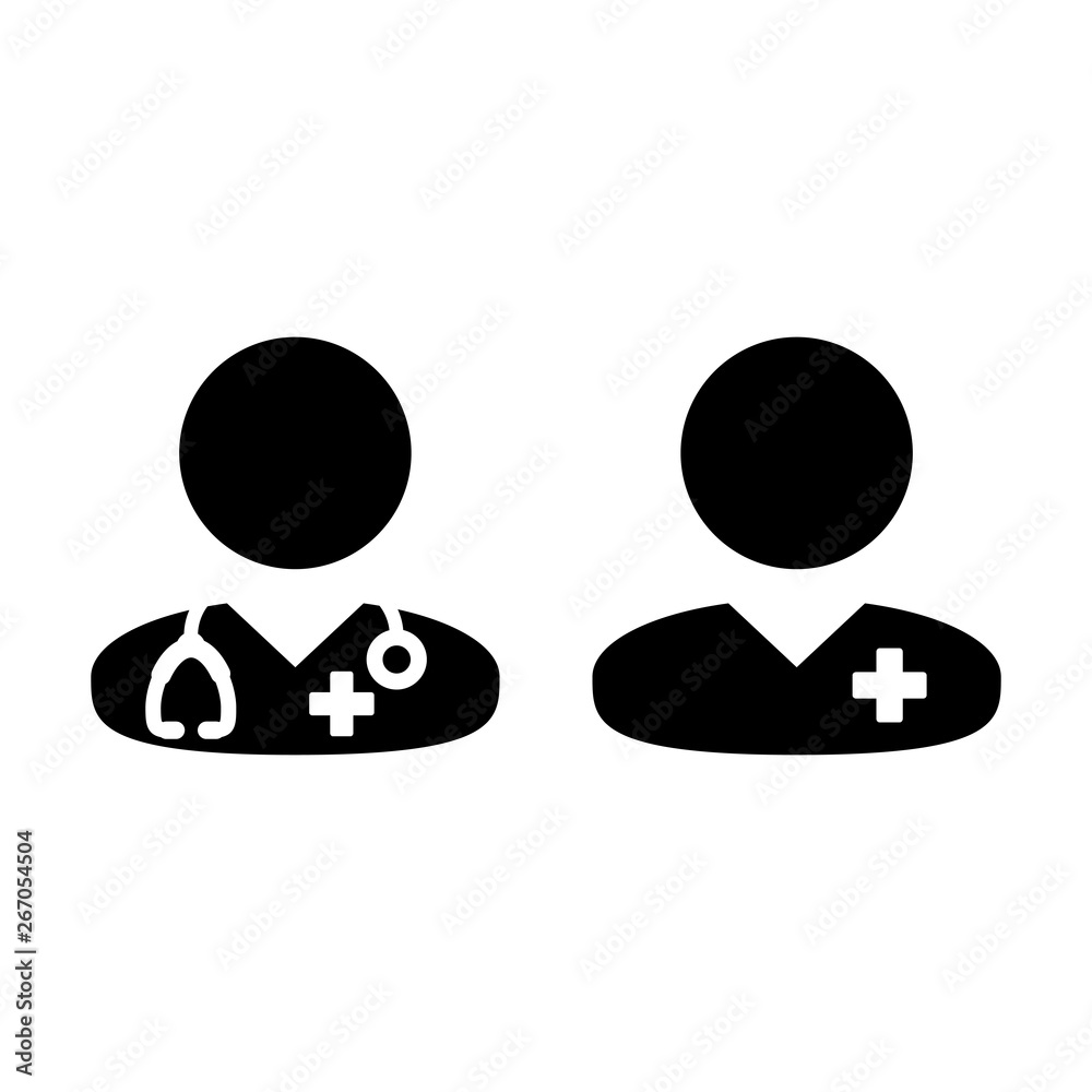 Health icon vector male doctor and patient person profile avatar for medical care in glyph pictogram illustration Health icon vector male doctor and patient person profile avatar for medical care in glyph pictogram illustration