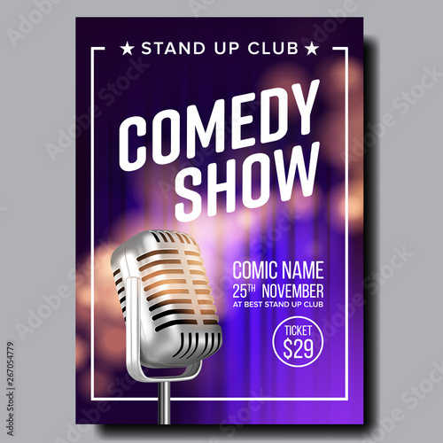 Poster Invitation To Comedy Show In Club Vector. Old Metal Microphone Violet Curtain On Background Banner With Date, Ticket Price And Place Of Show. Retro Style Realistic 3d Illustration