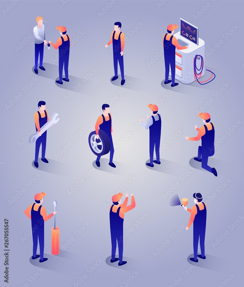 Car Repair Service Isometric Set. Auto Mechanic Characters with Special Equipment, Spare Parts, Tools. Technician Meeting Client. People Series Icons. Vector 3d Illustration on Gradient Backdrop