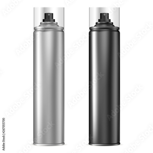 Aluminum Spray Can. Aerosol Bottle Set in Black. Paint Tin with Cap. Compressed Foam Chrome Packaging with Plastic Lid. Deodorant or Hairspray Cosmetic Cylinder Tube. Silver Antiperspirant Template.