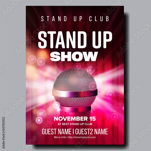 Colorful Poster Of Best Stand Up Club Show Vector. Modern Microphone, Red Curtain And Light Bubbles Due Spotlight On Poster With Text Information. Humor Concert Realistic 3d Illustration