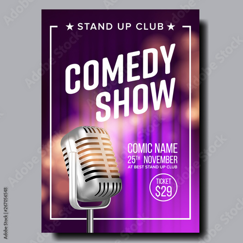 Colorful Poster Of Comedy Show In Club Vector. Vintage Metal Microphone Purple Curtain On Background Banner With Date, Ticket Price And Place Of Show Information. Realistic 3d Illustration