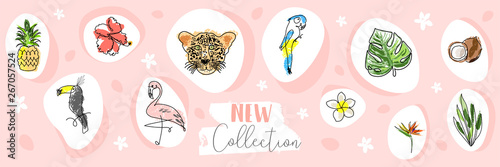 Cute tropical cartoon doodle hand drawn illustration with different Summer trendy prints 