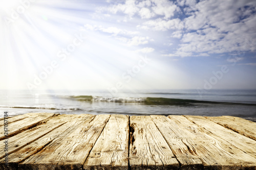 Desk of free space and summer time. Sea landscape and waves. 