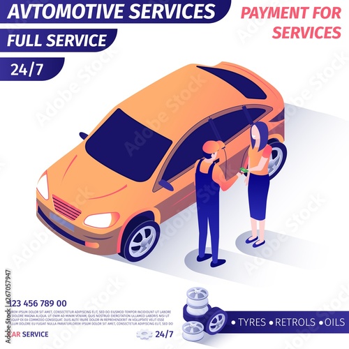 Banner Advertises Payment for Automotive Full Service. Woman Giving Cash Master for Repaired Car Buying Vehicle Maintenance. Vector Isometric 3d Illustration. Advertisement Poster with Contact Info