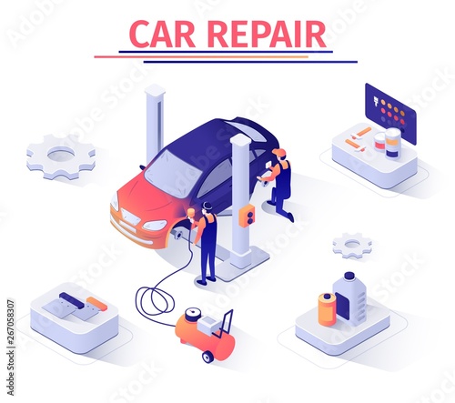 Advertising Isometric Banner Template with Car Painting and Polishing Service. Masters Work with Modern Equipment, Paint-Spraying Pistol. Automobile Tuning. Vector Isometric 3d Illustration