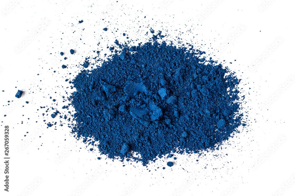 Natural dark blue colored matt pigment. Loose cosmetic powder. Eyeshadow matt pigment isolated on a white background, close-up Natural dark blue colored matt pigment. Loose cosmetic powder. Eyeshadow matt pigment isolated on a white background, close-up