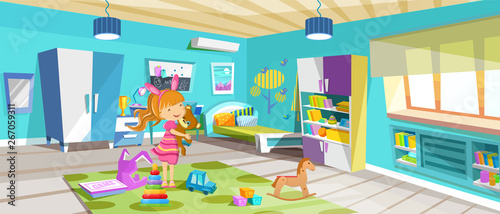 Cozy, bright room, children's bedroom with furniture, toys, accessories.