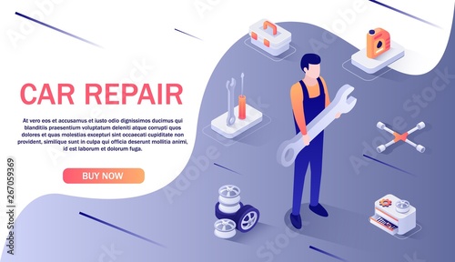 Banner for Car Repair Service and Spare Parts Online Store. Vector Isometric3d Illustration with Place for Advertising Text, Skilled Master Holding Huge Wrench in Hand and Tools, Equipment around.